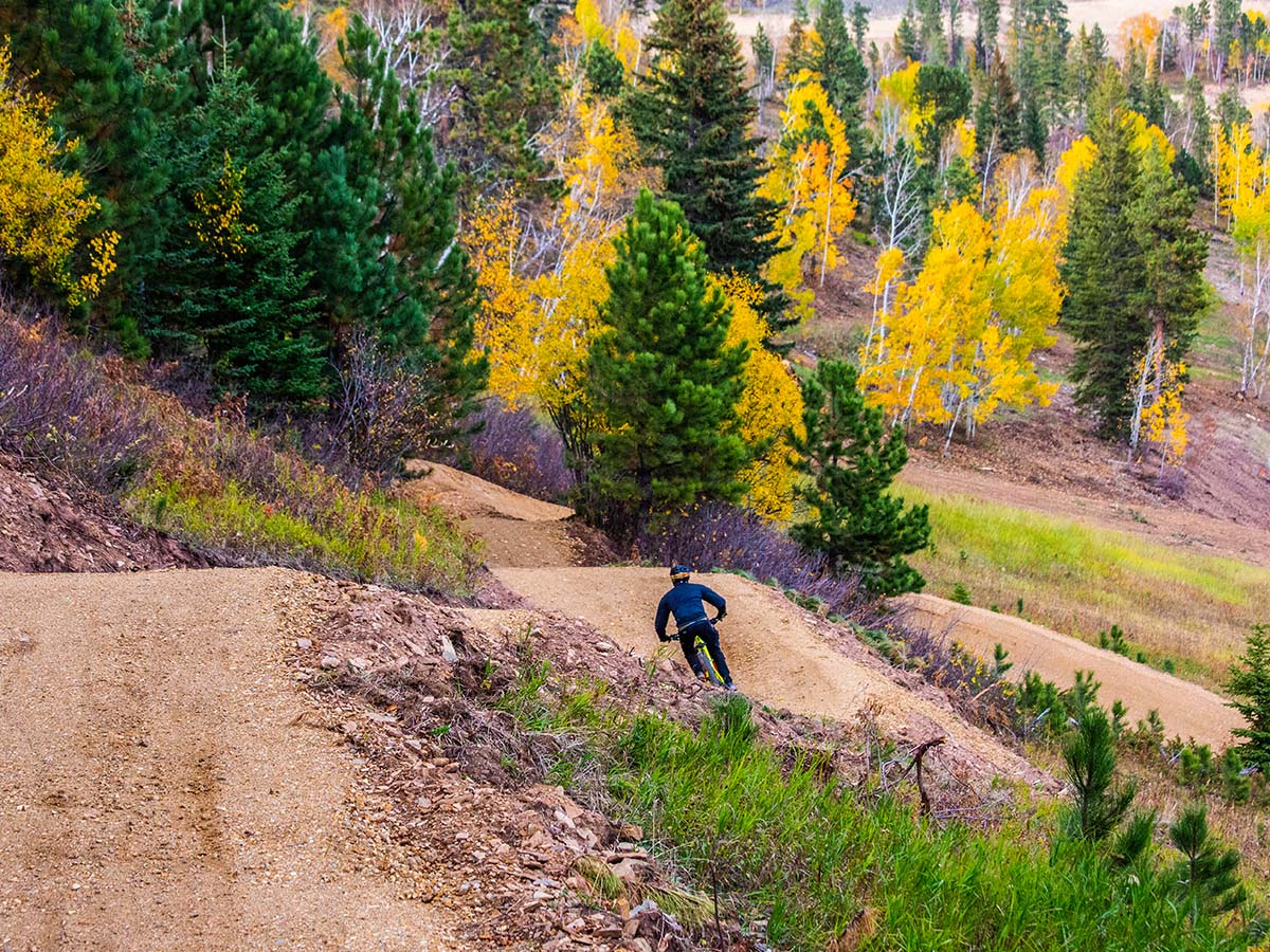 Man mountain biking amidst fall colors.