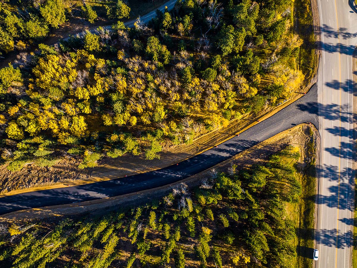 Aerial view of Deer Mountain Village road.