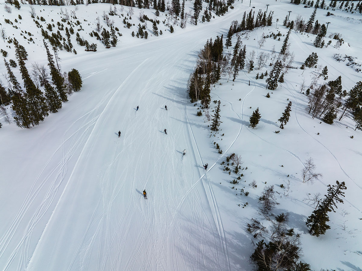 Aerial view of a group of people skiing.